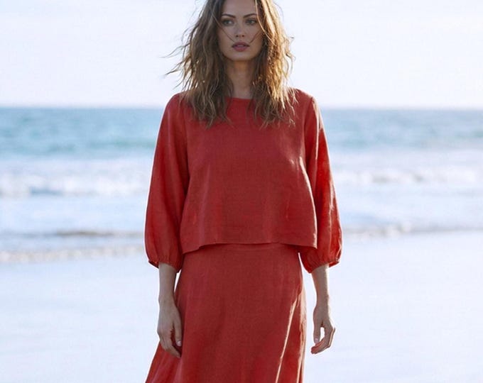 Anysize Custom 3/4 Puff Sleeves 100% Linen Blouses Casual Loose Spring Summer Tops Plus Size Tops Plus Size Clothing F79TL