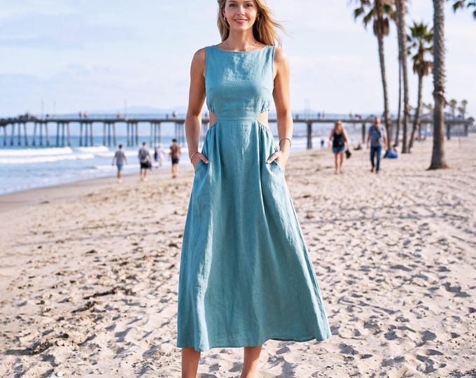 Anysize Custom 100% Linen Backless Dress with Pockets Cut Out Summer Beach Dress Open Back Tie Dress Breathable Sundress for Women F21VL