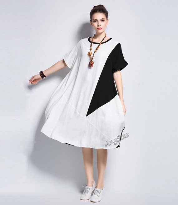 Anysize joint two color soft linen & cotton dress plus size | Etsy