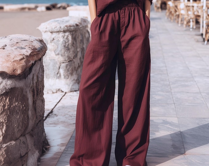 Anysize custom linen cototn maxi pants with elastic waist loose wide leg plus size trousers spring fall winter plus size clothing F25SN