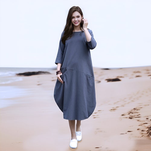 Anysize 3/4 Sleeves Soft Linen Cotton Lantern Loose Midi Dress with Utility Pockets Spring Summer Plus Size Dress Plus Size Clothing F39TE