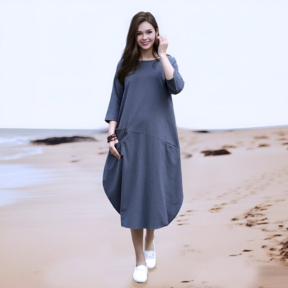 Anysize 3/4 Sleeves Soft Linen Cotton Lantern Loose Midi Dress