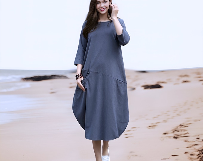 Anysize 3/4 sleeves soft linen cotton lantern loose midi dress with utility pockets spring summer plus size dress plus size clothing Y19