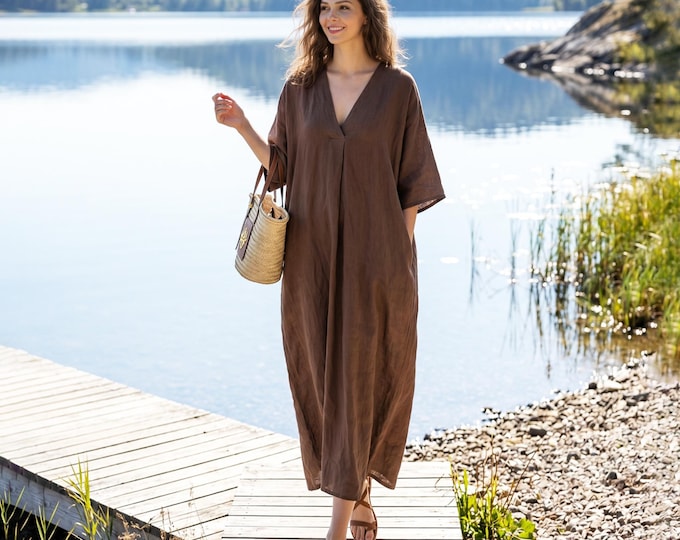 Anysize Custom 100% Linen Kaftan Dress Loose Fit V Neck Dress 3/4 Sleeves Relaxed Minimal Dress Summer Vacation Dress With Pockets F76WL