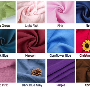 May include: A collection of 12 fabric swatches in various colors, including olive green, light pink, pink, navy, dark blue, maroon, cornflower blue, Christmas red, deep pink, dark blue gray, purple, and coffee.