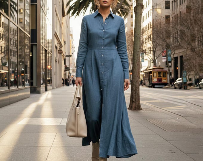 Anysize Custom Long Sleeves Shirt Dress Functional Buttons Linen Cotton Maxi Dress With Pockets Spring Fall Retro Plus Size Dress F54TN