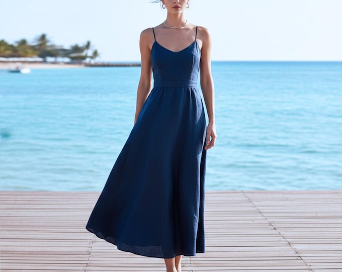 Anysize Custom 100% Linen Dress Spaghetti Strap V Neck Dress A Line Summer Wedding Guest Dress Plus Size Dress Plus Size Clothing F51UL