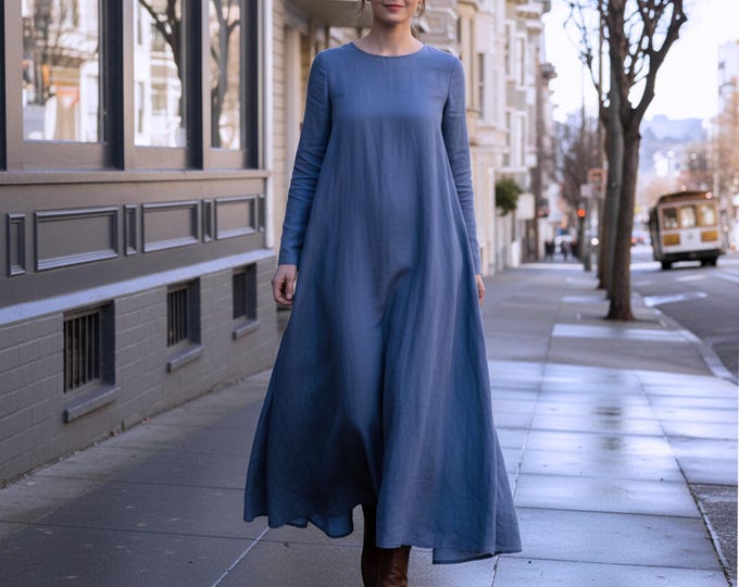 Anysize Custom Soft Linen Cotton A Line Dress Long sleeves Plus Size Maxi Dress With Round Neck Side Pockets Plus Size Clothing F1TE