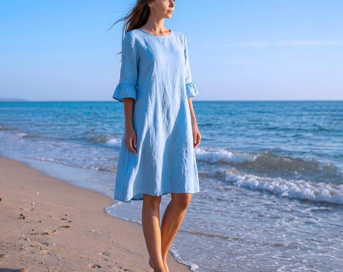 Anysize Custom Flare Sleeves 100% Linen Loose Midi Dress With Side Pockets Spring Summer Plus Size Dress Plus Size Clothing F90TL