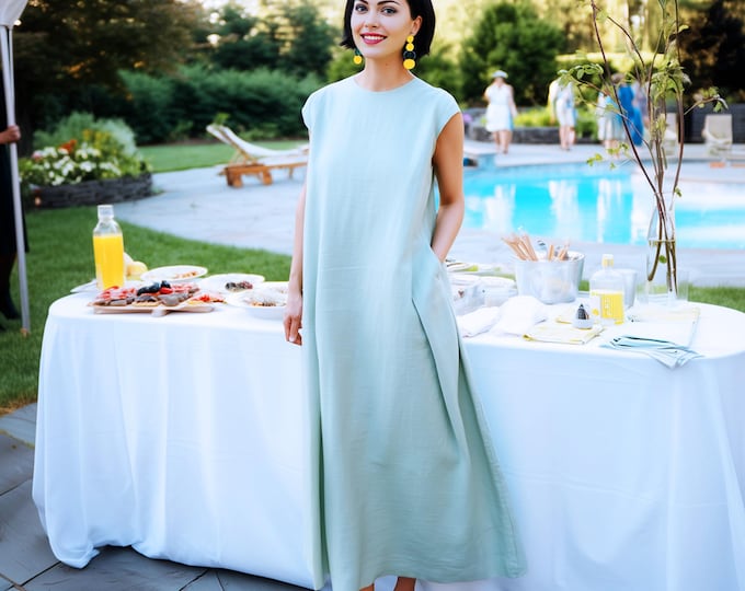 Anysize custom 100% linen sleeveless round neck long dress with side pockets spring summer plus size dress plus size clothing F42RL