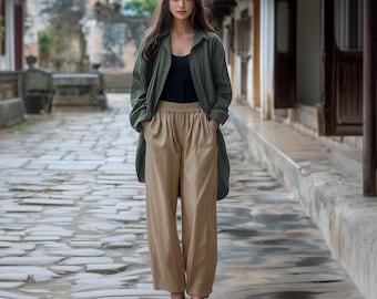 Anysize custom linen cotton pants with side pockets elastic waist plus size pants spring fall winter trousers plus size clothing F657N