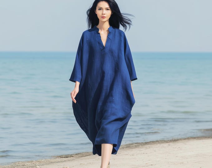 Anysize custom deep V-neck 100% linen with 3/4 sleeves side pockets retro loose spring summer plus size dress plus size clothing F69RL