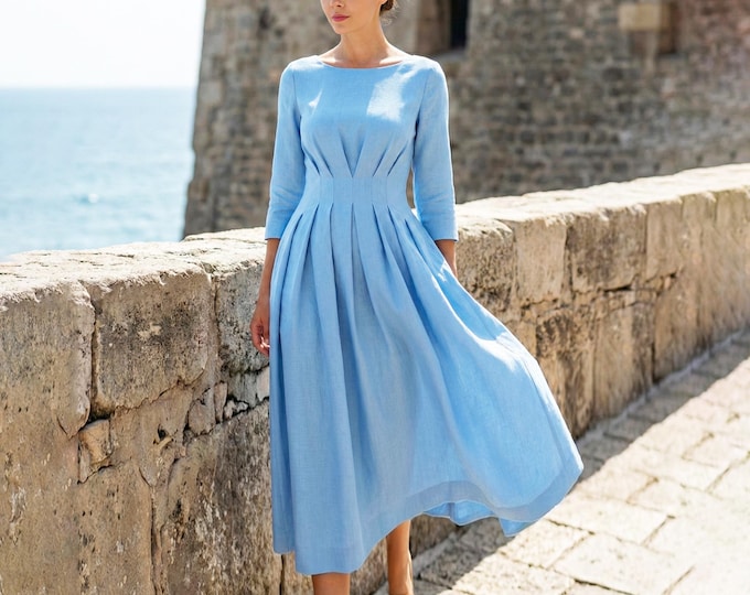 Anysize Custom 100% Linen Dress with Pleated Waist With 3/4 Sleeves Elegant Women’s Summer Dress Plus Size Dress Plus Size Clothing F15UL