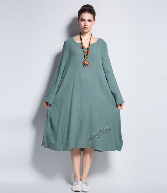 Anysize Two sides slit V-necked linen dress plus size dress | Etsy