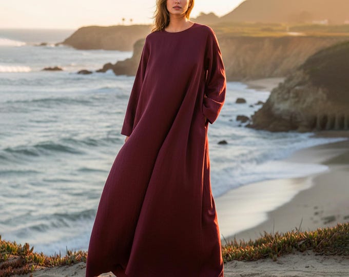 Anysize Custom Linen Cotton Maxi Dress Long Sleeves Robe With Pockets Plus Size Dress Spring Fall Retro Plus Size Clothing F9TN