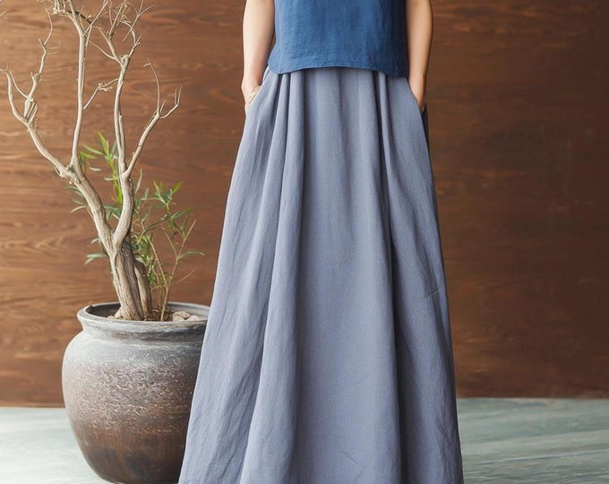 Anysize custom elastic waist maxi skirt with pockets plus size linen cotton skirt spring fall retro plus size clothing F63JN