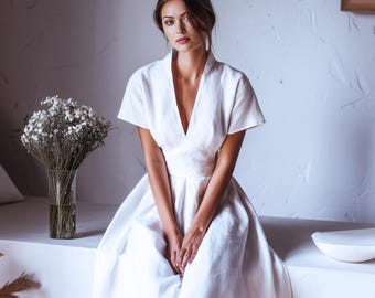 Anysize custom 100% linen dress short sleeves deep V-neck with side pockets back tie spring summer plus size dress plus size clothing F60YL