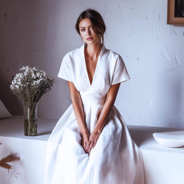 Anysize custom 100% linen dress short sleeves deep V-neck with side pockets back tie spring summer plus size dress plus size clothing F60YL