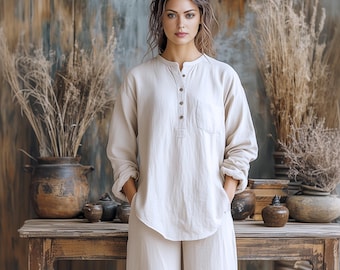 Anysize custom linen cotton tops with long sleeves casual loose plus size shirt plus size tops plus size clothing spring fall tops F710N