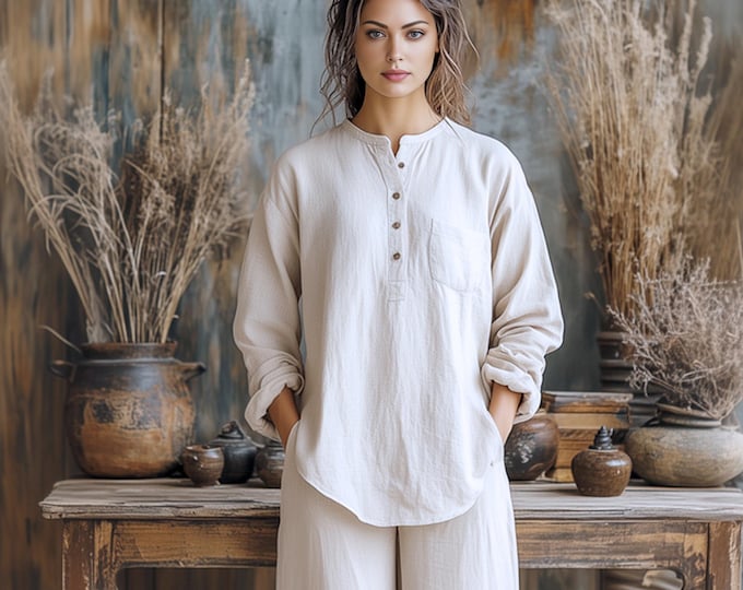 Anysize custom linen cotton tops with long sleeves casual loose plus size shirt plus size tops plus size clothing spring fall tops F710N