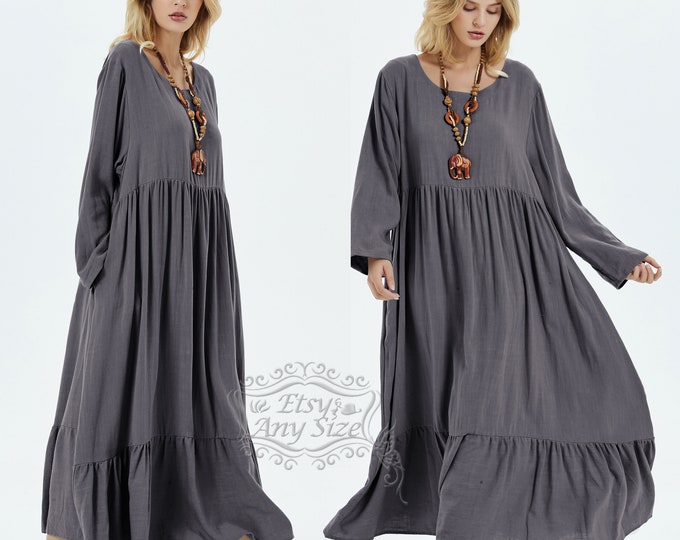 Anysize elegant soft linen dress cotton dress maxi dress spring fall winter dress plus size dress plus size clothing F178E