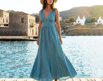 Anysize Custom 100% Linen Maxi Dress Sleeveless Deep V Neck Fitted Waist Dress Elegant Summer Vacation Dress Plus Size Dress F20UL