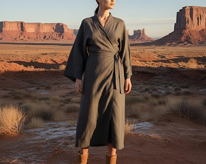 Anysize Custom Linen Cotton Wrapped Dress Plus Size Dress Long Wide Sleeves With Pockets Spring Fall Retro Plus Size Clothing F95SN