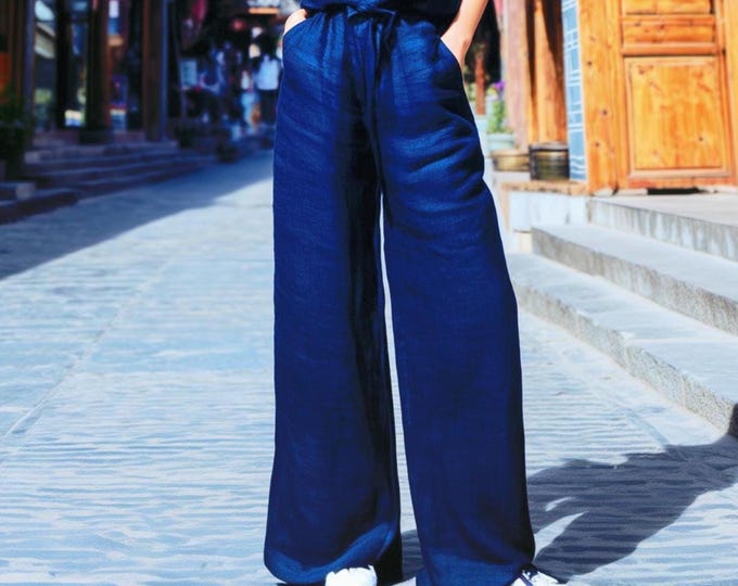 Anysize custom 100% linen elastic waist trousers with pockets casual loose spring summer plus size pants plus size clothing F4JL
