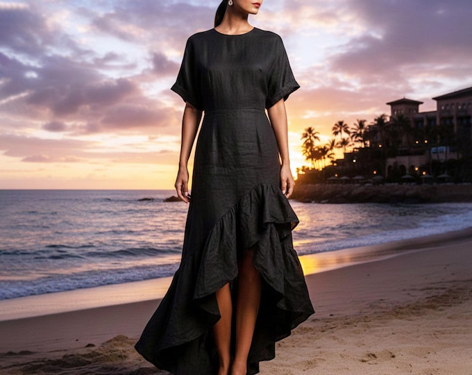 Anysize Custom 100% Linen High Low Dress Wide Short Sleeve Dress Elegant Summer Dress Plus Size Dress Plus Size Clothing F30UL