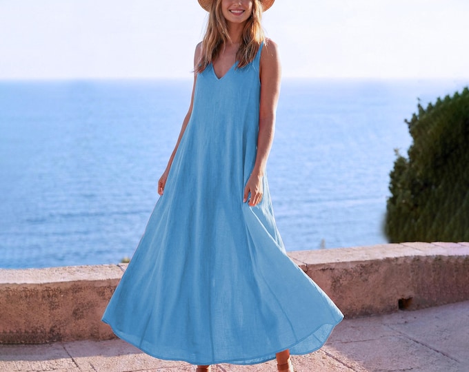 Anysize Custom 100% Linen Maxi Dress Sleeveless V Neck Loose Fit Dress Elegant Summer Vacation Dress for Women Plus Size Dress F14UL