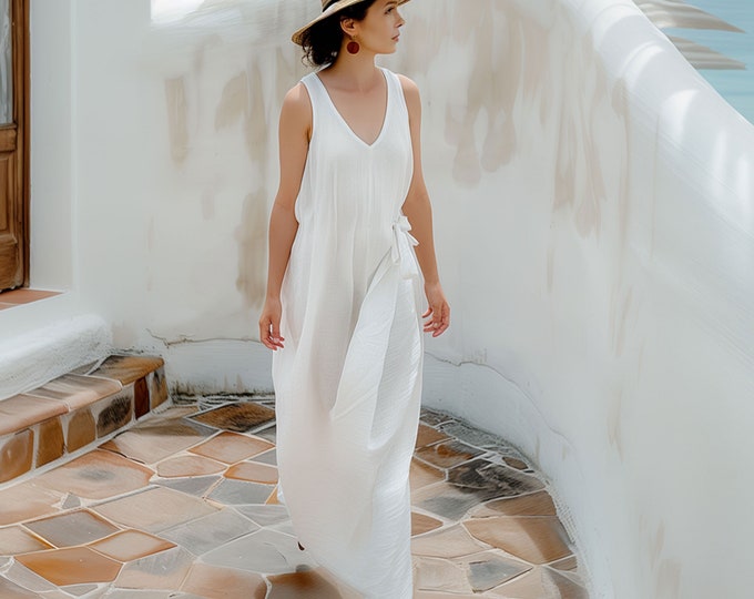 Anysize custom V-neck 100% linen side tie sleeveless loose maxi dress with pockets spring summer plus size dress plus size clothing F436L
