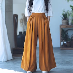 Anysize custom linen cotton wide leg pants with side pockets elastic waist plus size pants spring fall winter plus size clothing F621N