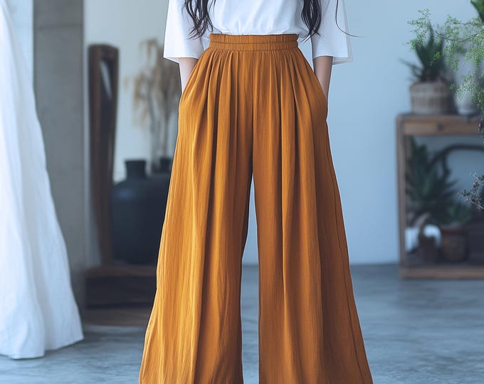 Anysize custom linen cotton wide leg pants with side pockets elastic waist plus size pants spring fall winter plus size clothing F621N