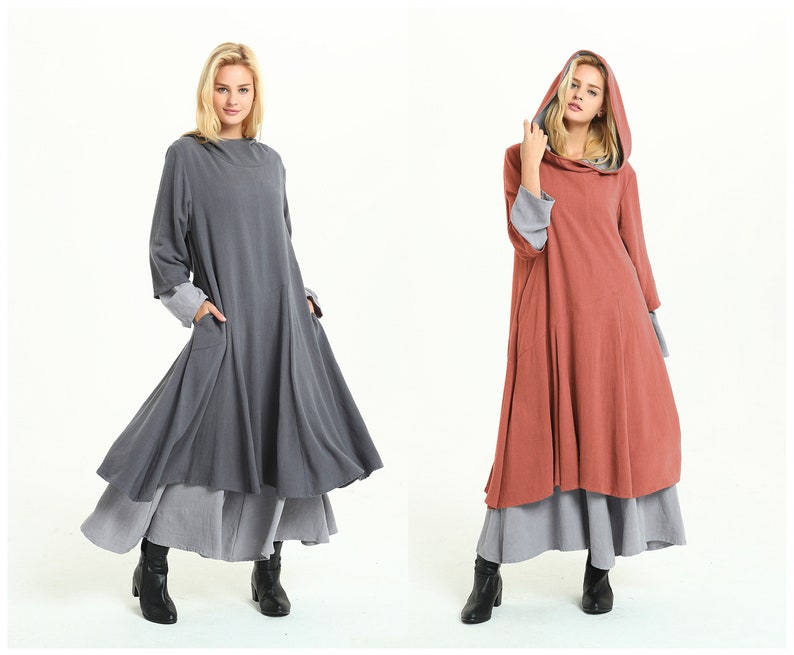 Anysize hooded with pockets double-layer 4lbs linen cotton A-line dress fall winter dress plus size dress plus size clothing 4lbs F158A 