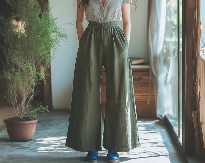 Anysize custom buttoned linen cotton spring fall wide leg pants with elastic waist long trousers plus size pants plus size clothing F62AN