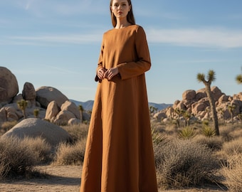 Anysize Custom Maxi Linen Cotton Dress Long Sleeves with Side Pockets Spring Fall Retro Plus Size Dress Plus Size Clothing F51SN