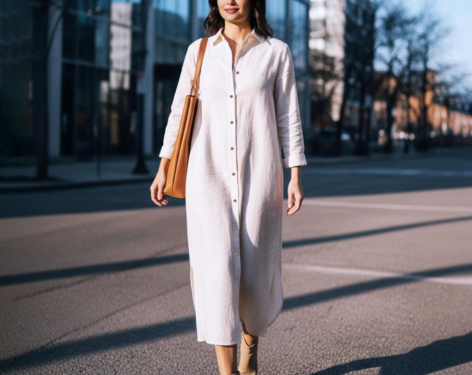 Anysize Custom Shirt Dress With Pockets Long Sleeves Linen Cotton Dress Functional Buttons Sides Split Spring Fall Plus Size Clothing F98SN