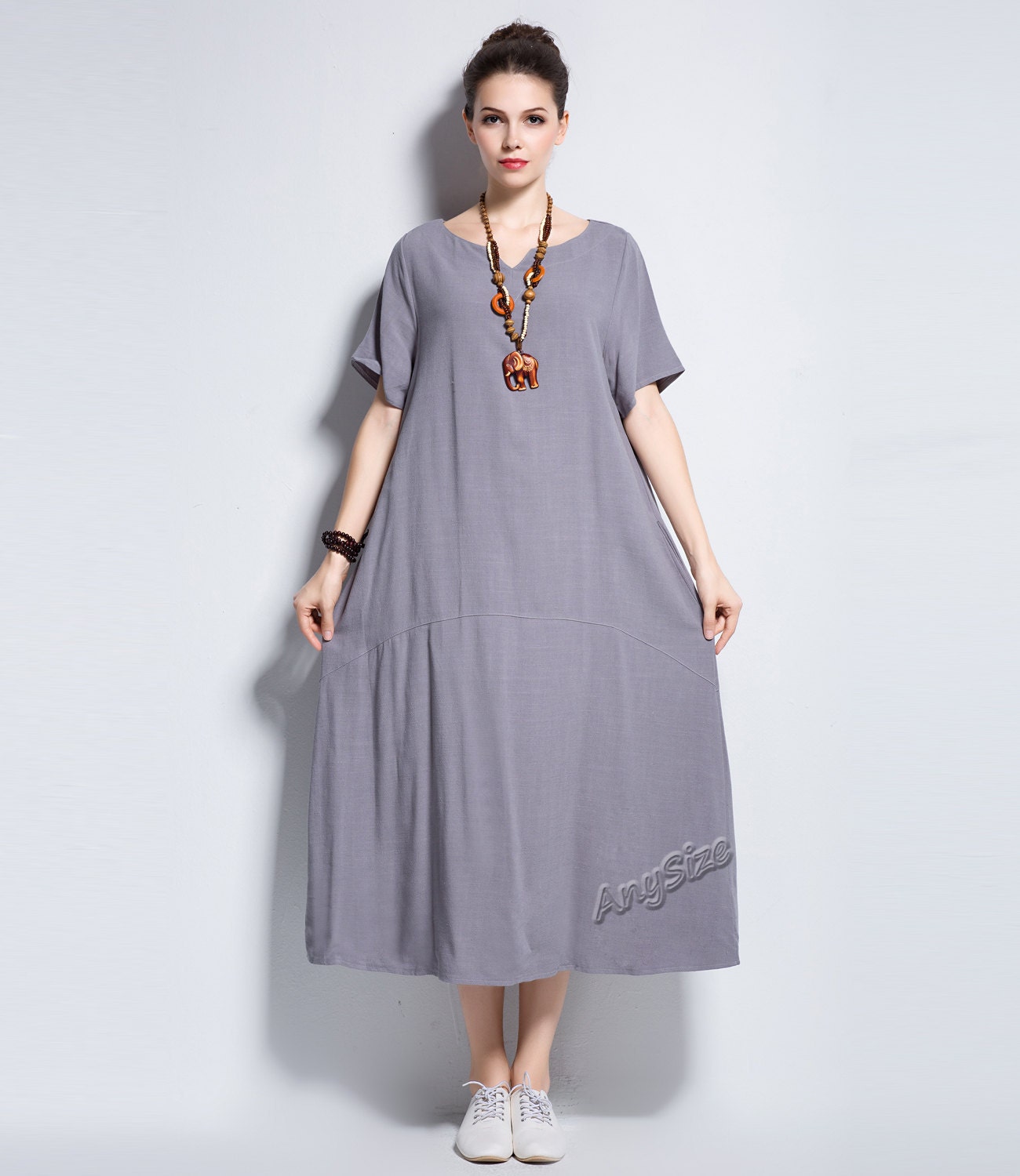 Anysize V Neck Soft Linen Dress With Invisible Pockets - Etsy