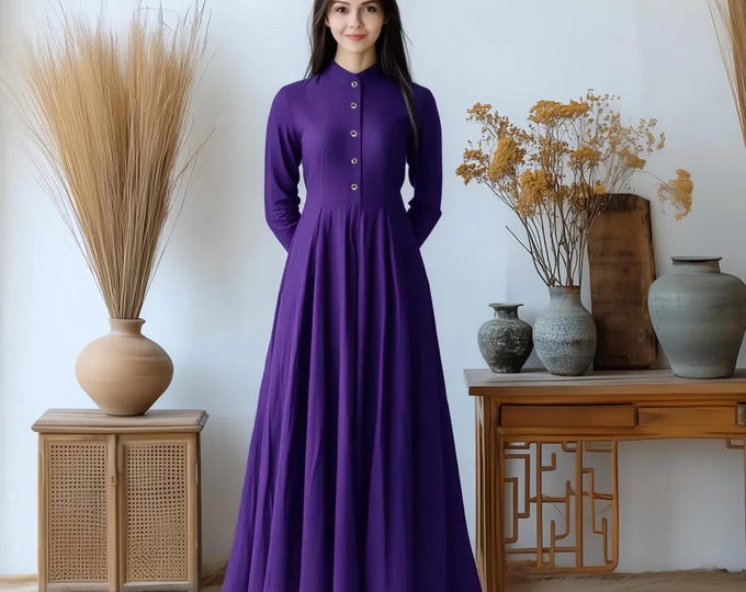 Anysize custom soft linen cotton plus size dress with functional buttons side pockets spring fall plus size clothing F659E