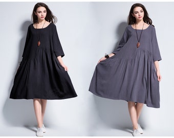Anysize SALE spring fall winter dress soft linen cotton A-line loose dress plus size with pleated plus size tops plus size clothing Y90