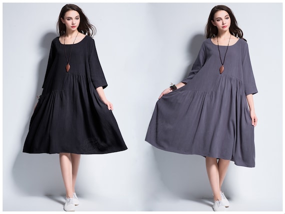 Anysize Spring Fall Winter Dress Soft Linen Cotton A-line Loose Dress Plus  Size With Pleated Plus Size Tops Plus Size Clothing Y90 