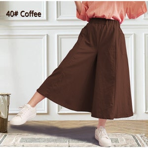 Anysize culottes for ladies elastic waist linen cotton cropped trousers casual loose plus size  super wide leg custom plus size P46Q