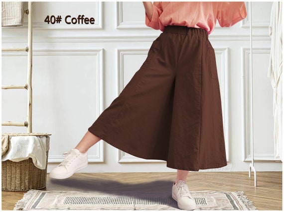 Anysize Culottes for Ladies Elastic Waist Linen Cotton Cropped Trousers  Casual Loose Plus Size Super Wide Leg Custom Plus Size P46Q 