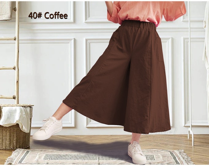 Anysize culottes for ladies elastic waist linen cotton cropped trousers casual loose plus size  super wide leg custom plus size P46Q