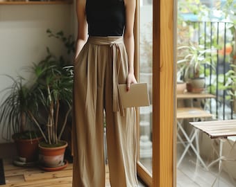 Anysize custom linen cotton spring fall wide leg belted pants with elastic waist long trousers plus size pants plus size clothing F519N