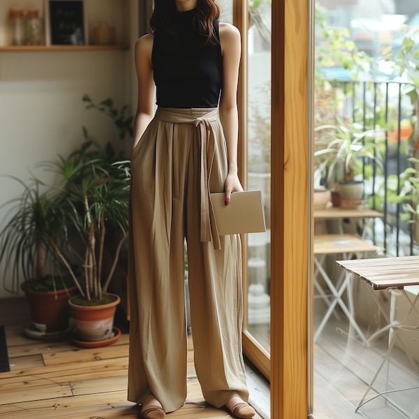 Pantalones de lino y algodón personalizados de cualquier tamaño para primavera y otoño, con cinturón y pierna ancha, con cintura elástica, pantalones largos de talla grande, ropa de talla grande F519N