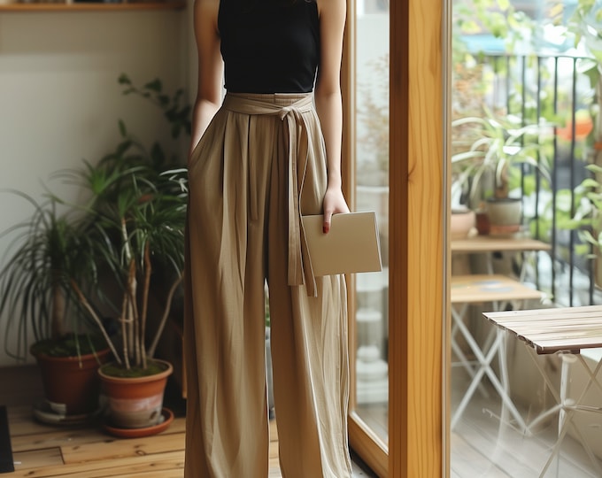 Anysize custom linen cotton spring fall wide leg belted pants with elastic waist long trousers plus size pants plus size clothing F519N