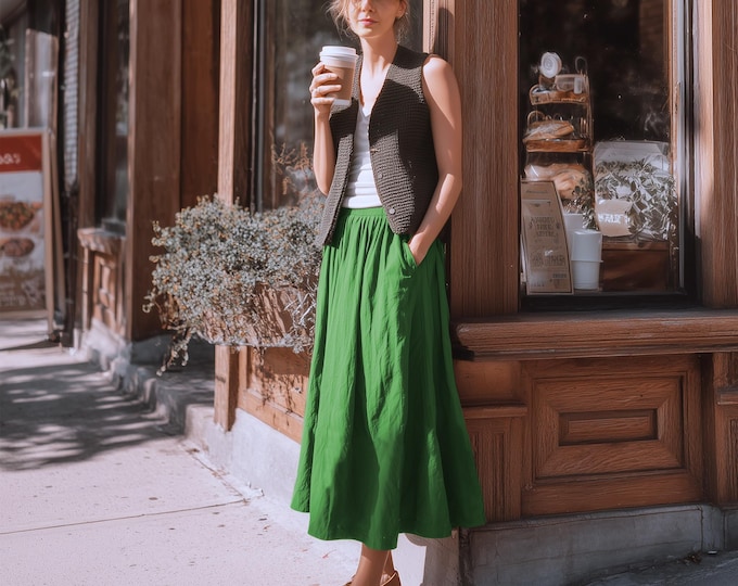 Anysize custom 100% linen skirt spring summer maxi skirt A-line with elastic waist side pockets plus size skirt plus size clothing F35RL