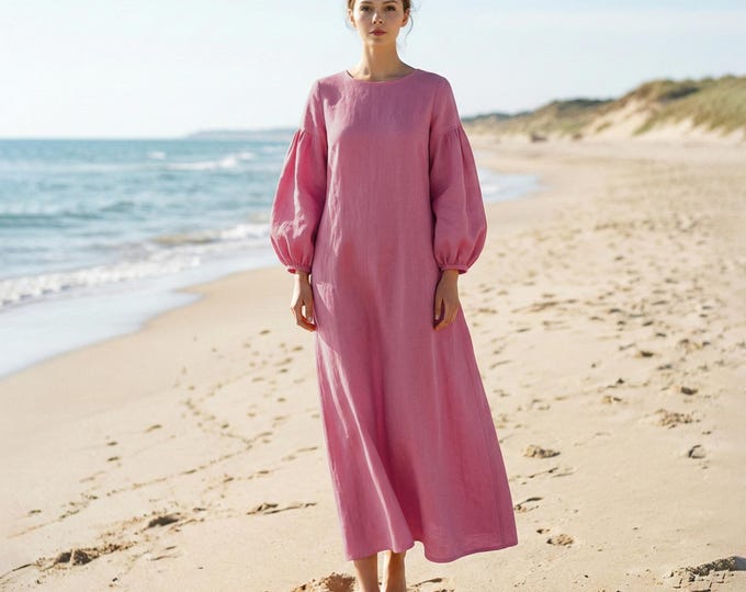 Anysize Custom 100% Linen Puff Sleeves Maxi Dress With Side Pockets Retro Loose Spring Summer Fall Plus Size Dress F84TL