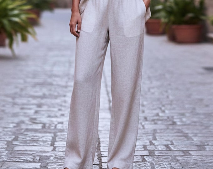 Anysize Custom 100% Linen Wide Leg Pants Elastic Waist Loose Trousers Relaxed Resort Palazzo Plus Size Pants Plus Size Clothing F70UL